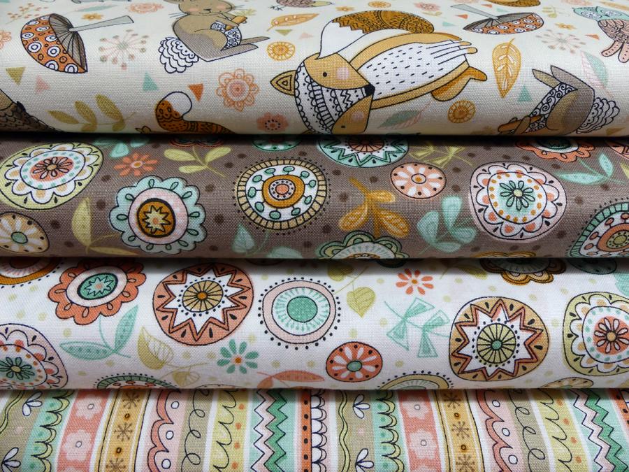 Quiltstoff aus der Serie Doodle Days mit Kreisen und Blumen auf taupe farbenen Untergrund von Makower Mix